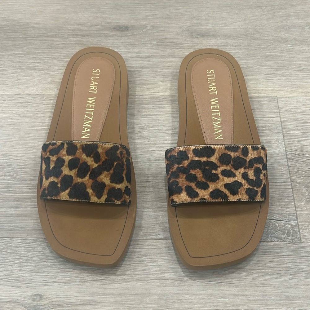 Stuart Weitzman Delilah Leopard Print Calf Hair Slide Sandals